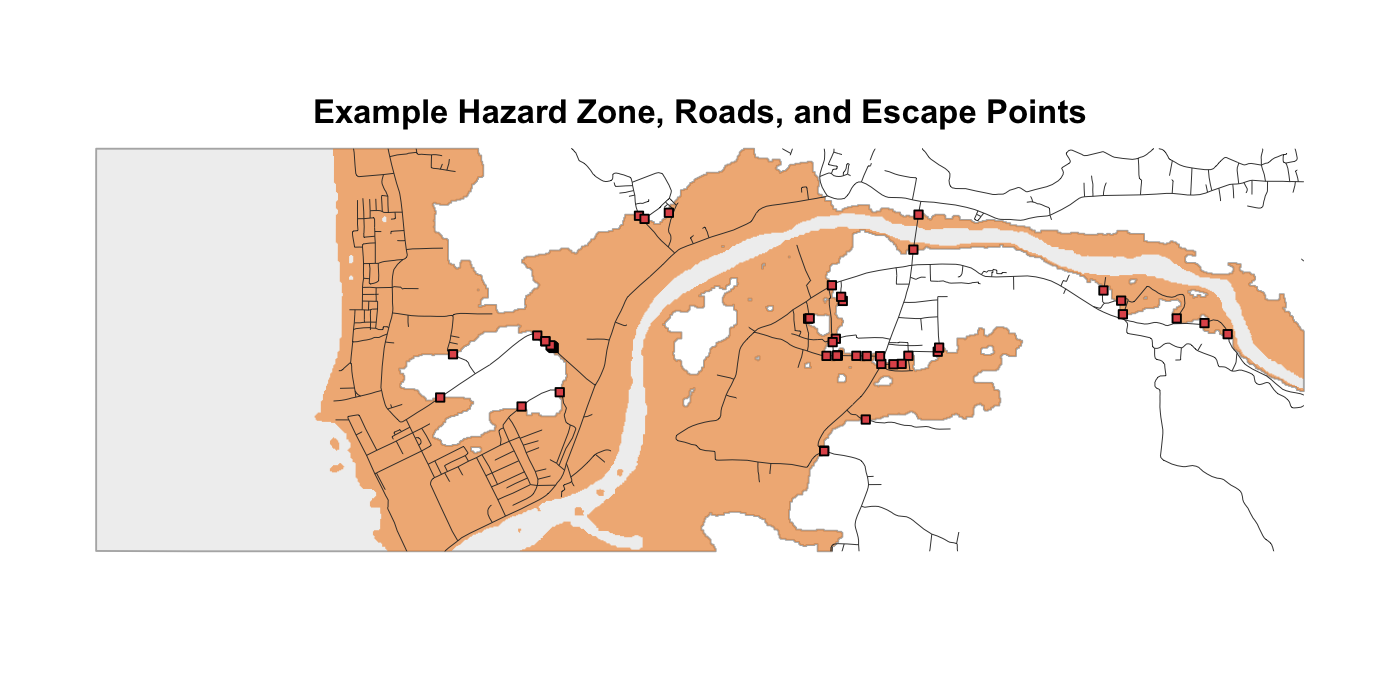 Example hazard zone, roads, and escape points