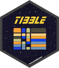 Hexagonal logo for the R package ‘tibble’, styled with a sci-fi theme. The word ‘TIBBLE’ appears at the top in a futuristic font, and below it is a stylized table with colored bars resembling columns and rows, set against a starry space background.